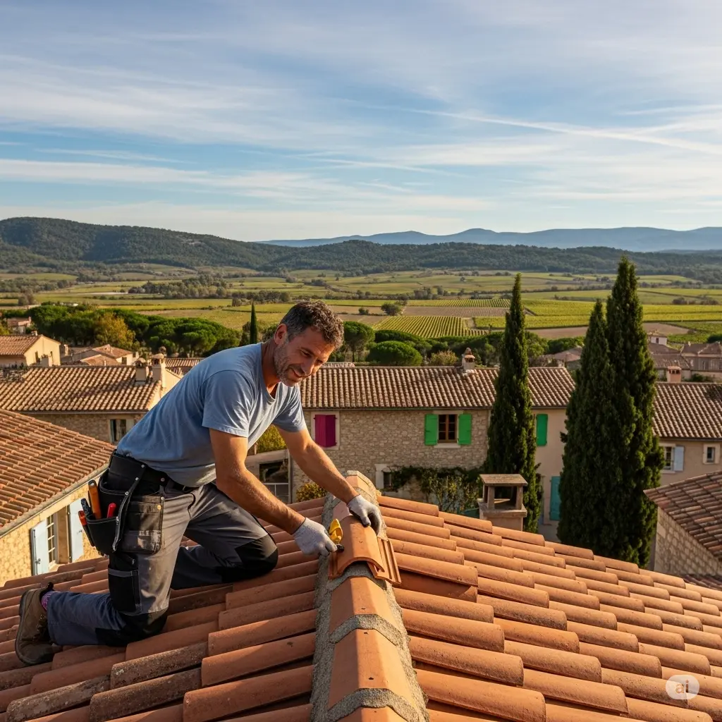 Expert couvreur lucrând pe un acoperiș tradițional în PACA